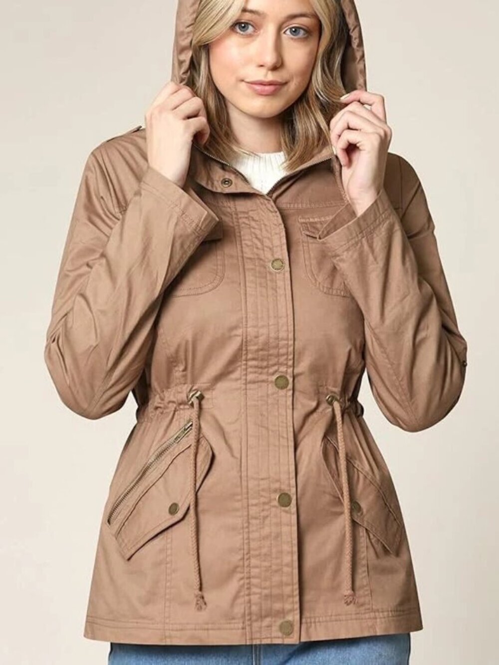 Lock & Love cinch waist hooded all cotton tan jacket size XL